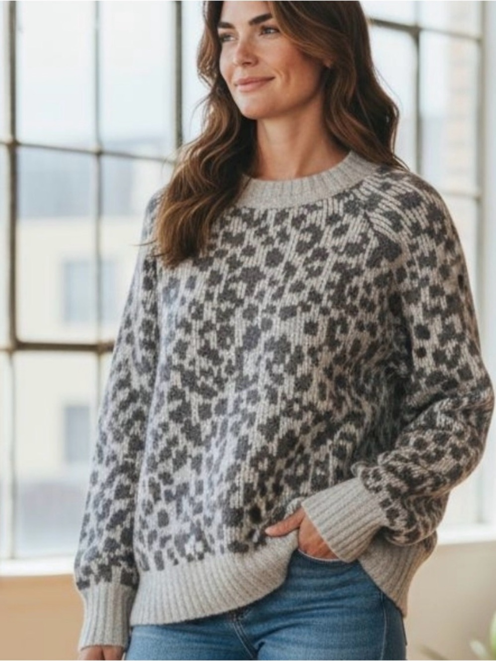 Old Navy Gray Leopard-Print Crewneck Sweater NWT